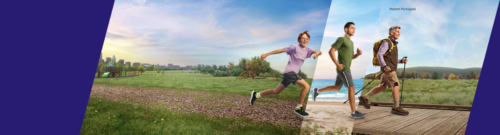 A boy, a young man run and an older man walks forward (patient portrayal)